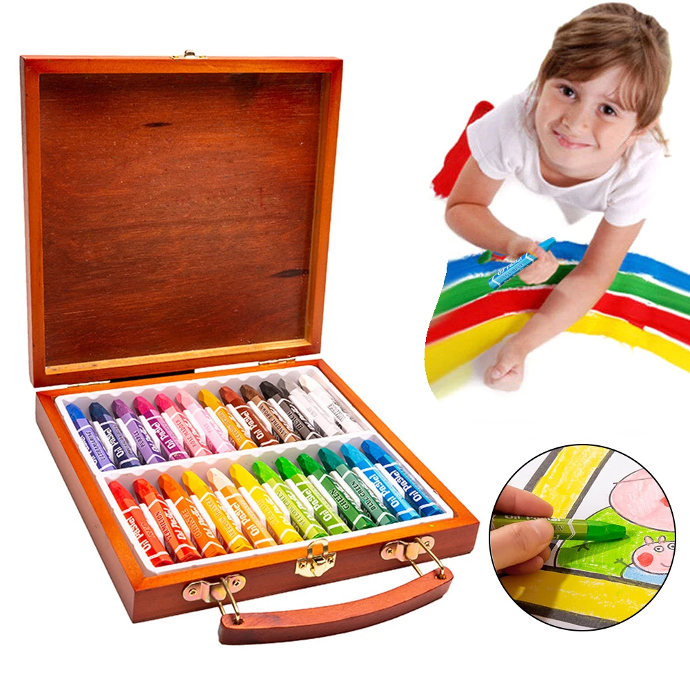 

24 Colors Art Supplies Stationery Students Painting Tool DIY Crayons Set Drawing Graffiti Portable Kids Gift Wood Box Non Toxic