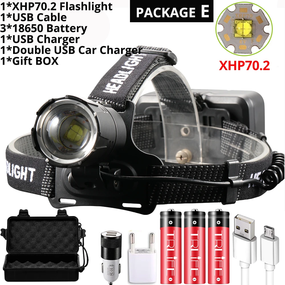 XHP70.2 светодиодный налобный фонарь XHP70 самый мощный желтый или белый светодиодный налобный фонарь для рыбалки, кемпинга, фонарь с зумом, 3*18650 батареи - Испускаемый цвет: Package E