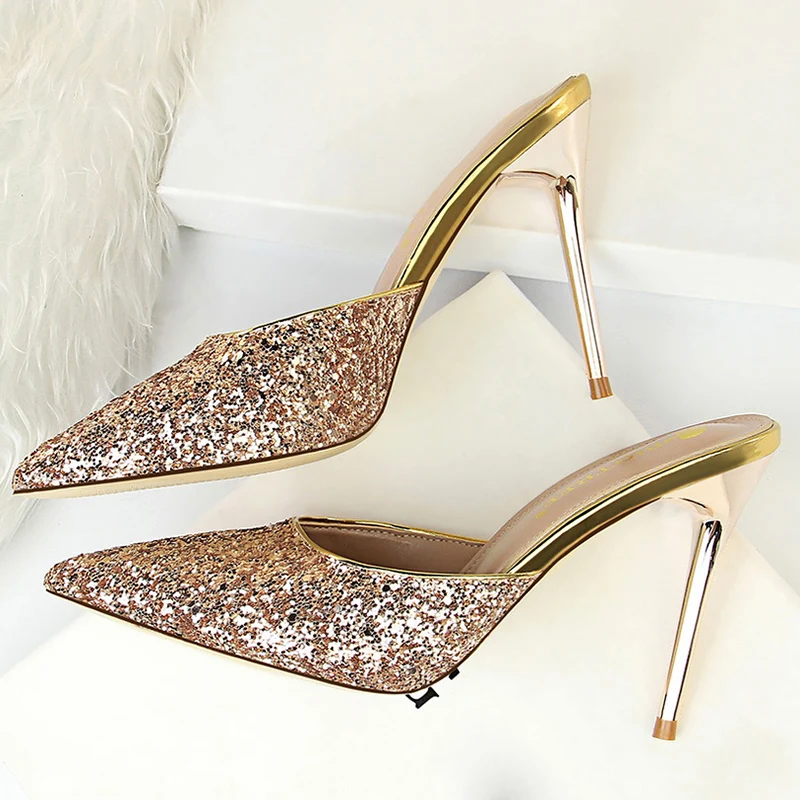 Шлепанцы женские на каблуке 2021 см пикантные блестящие мюли сланцы обувь для