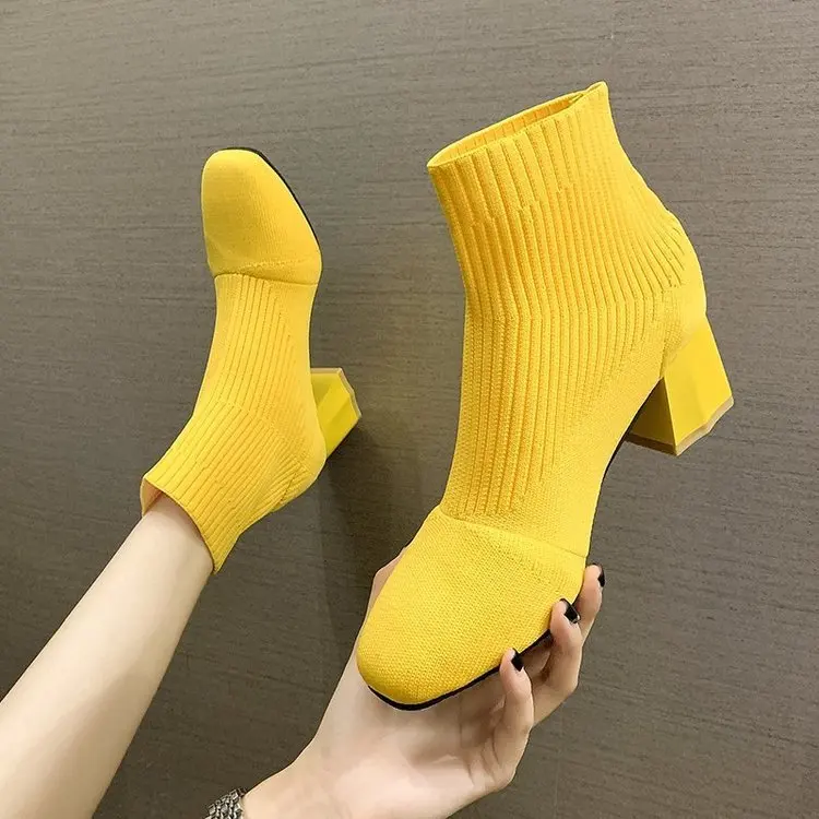 

Lady Stretch Fabric Booties Woman 2021 High Heels Luxury Designer Round Toe Ladies Stiletto Fashion Ankle boots Rubber Autumn
