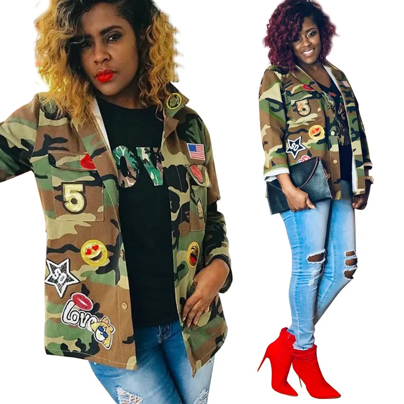 

Plus Size Camouflage Jacket Embroidery Letter Chapter More Bags Loose Casual Women Clothes Long Sleeve Overcoat Female Outwear