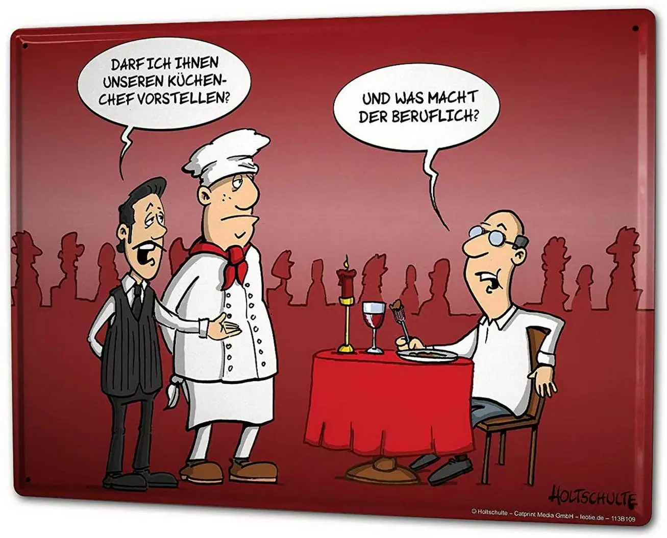 

Vintage Tin Sign Cartoon Holtschulte Restaurant Kitchen Chef Waiter Wine Metal Sign Wall Decorative Art Sign by MariaP