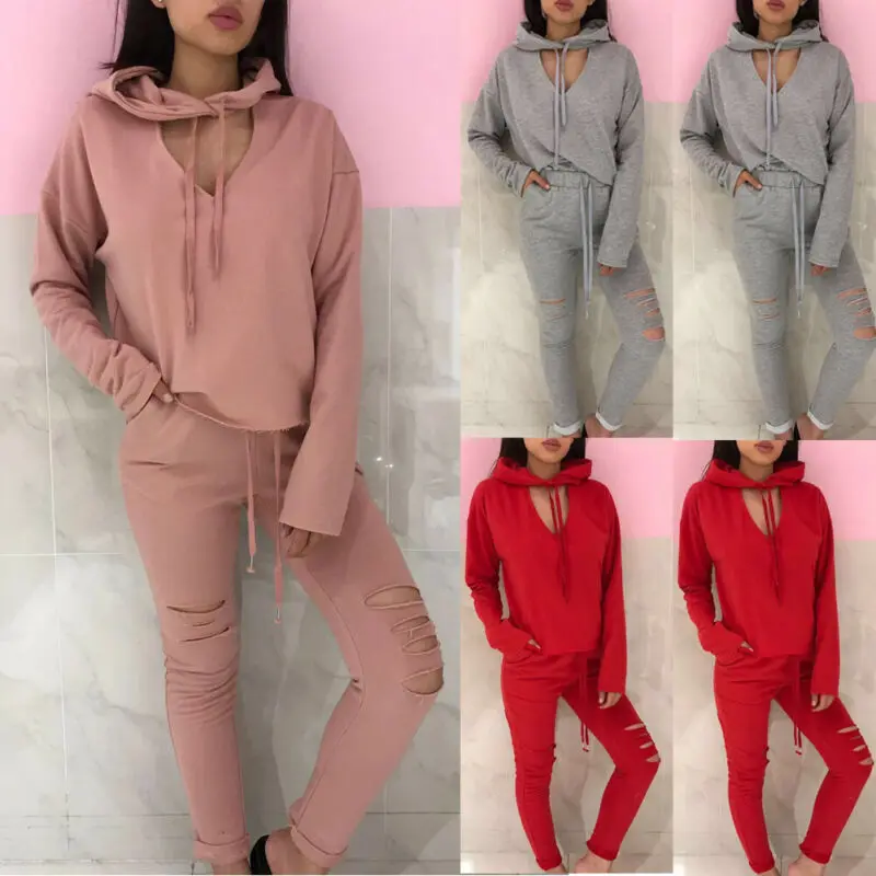 Женский спортивный комплект из 2 предметов толстовка с капюшоном и рваные штаны