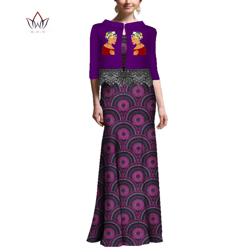 African Top And Dresses For Women Print Half Sleeve Long Skirt Suit Bazin Riche Two Pieces Ankara Appliqued Clothing WY5559