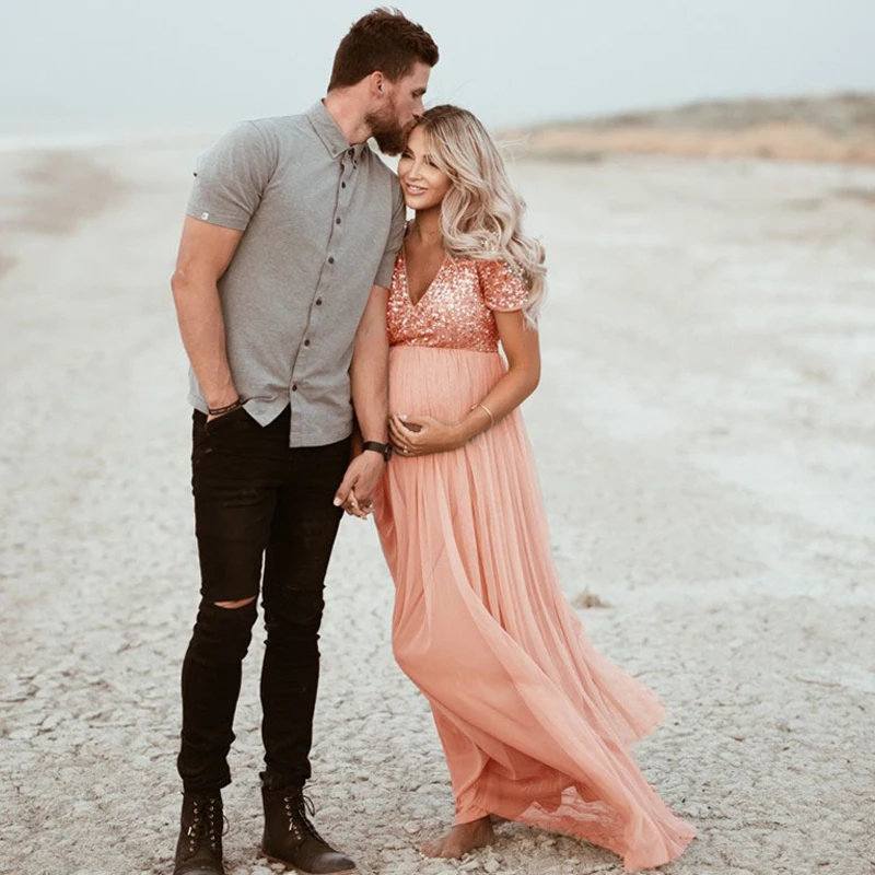 

Pregnancy Dress Short Sleeve Women Pregnants Photography Props Sequined V-Neck Dresses Maternity Clothes for Photo Shoot