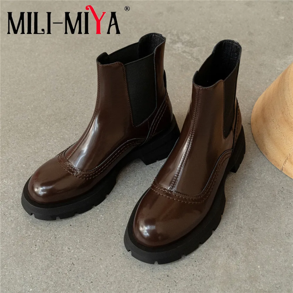 

MILI-MIYA Spring Autumn Luxury Basic Chelsea Ankle Boots Cowhide Women Solid Black Brown Slip On Chunky Round Toe Thick Heel