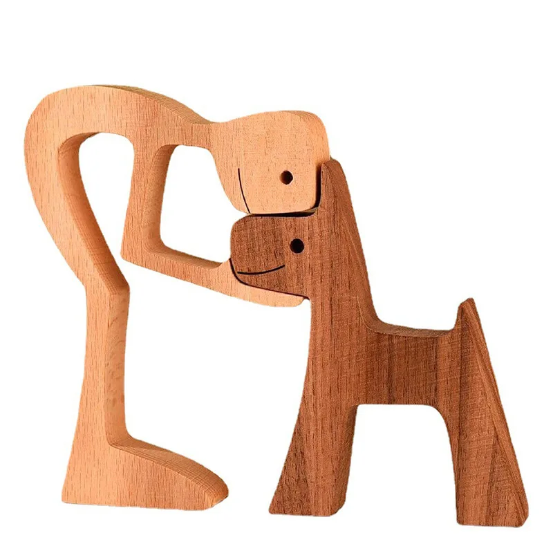 

Family Puppy Wood Dog Craft Figurine Desktop Table Ornament Carving Model Creative Home Office Decoration Love Pet Sculpture