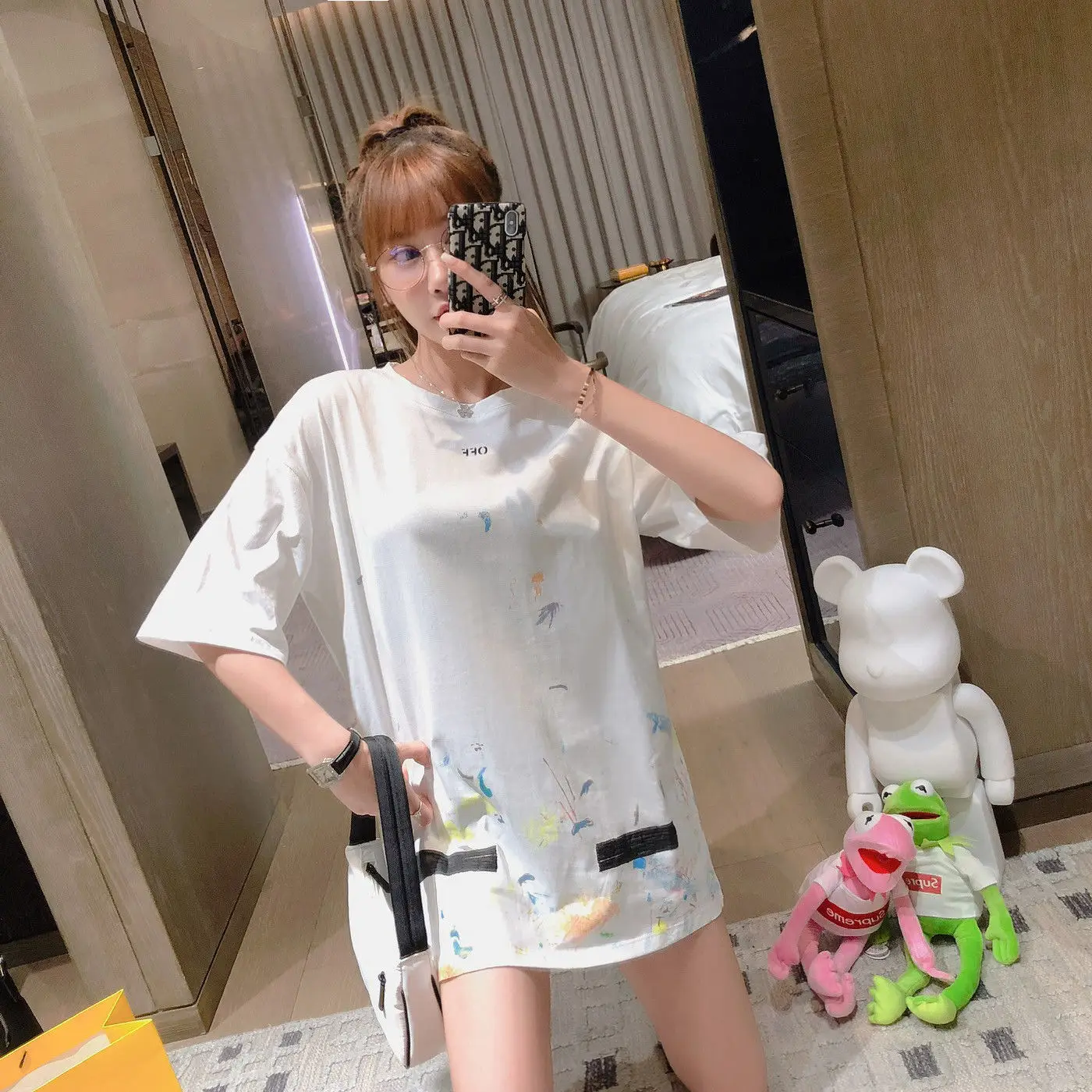 

Ow Fashion Brand Back Printed T-shirt Female 2021summer off Arrow Loose Short Sleeve T-shirt Top Street Super Hot