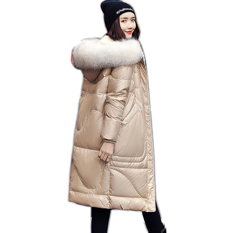

90% White Duck Down Jacket Women Thick Long Hoody Winter Coat Natural Raccoon Fur Female Puffer Jacket Doudoune Femme