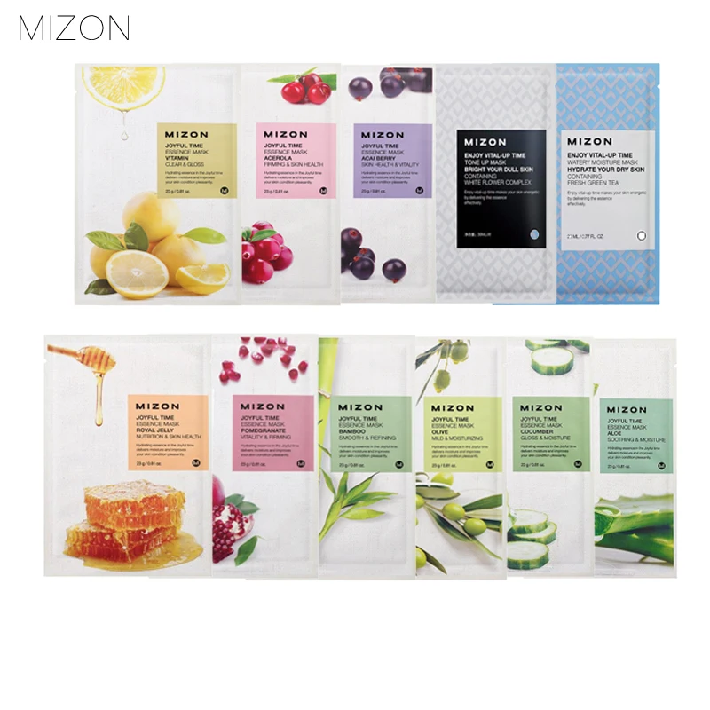 

MIZON Joyful Time Essence Mask 10pcs Korean Skin Care Natural Fruit Plant Facial Mask Moisturizing Oil-Control Fruit Aloe Sheet