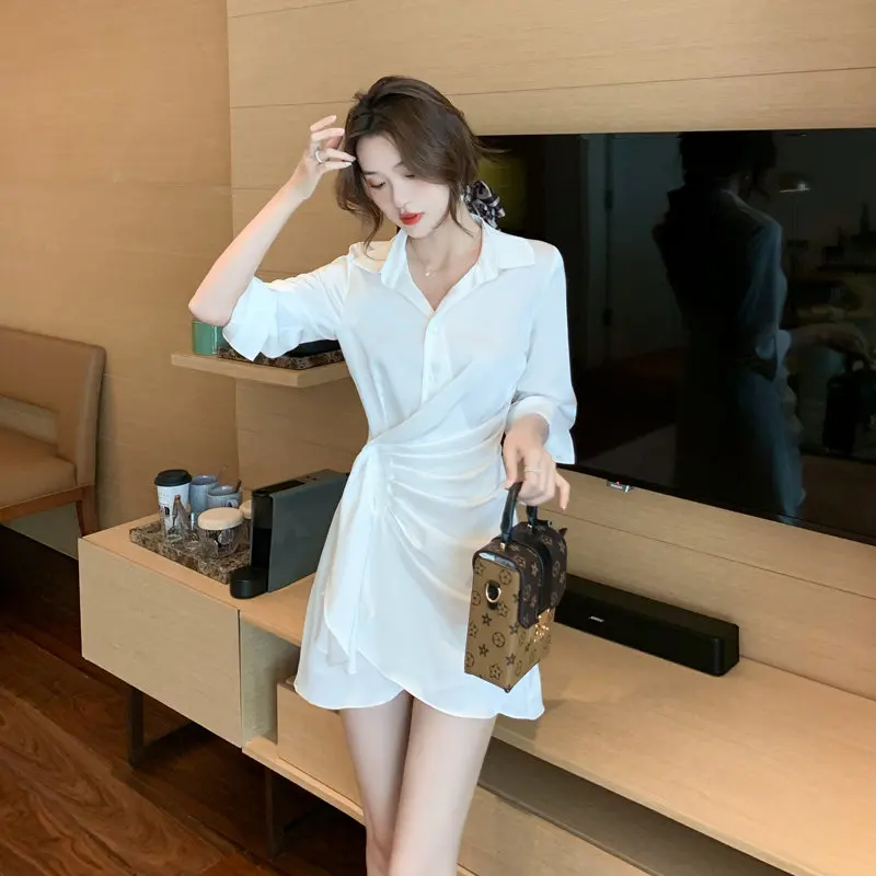 

Женское винтажное платье-рубашка с отложным воротником, длинным рукавом