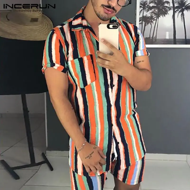 

Men Striped Sets 2021 Cotton Lapel Short Sleeve Shirt Shorts Casual Streetwear Summer Beach Mens Hawaiian Suits 2 Pieces INCERUN