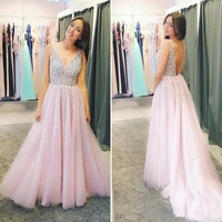 pink beaded sequins v neck prom dresses long a line tulle evening gowns sexy backless with sweep party formal dress