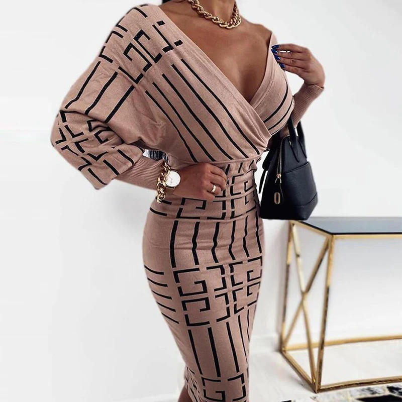 

2021 Spring Women Sexy V-Neck Long Sleeve Party Dress Elegant Slim Dresses Autumn New Vintage Print Office Lady Dress Vestidos