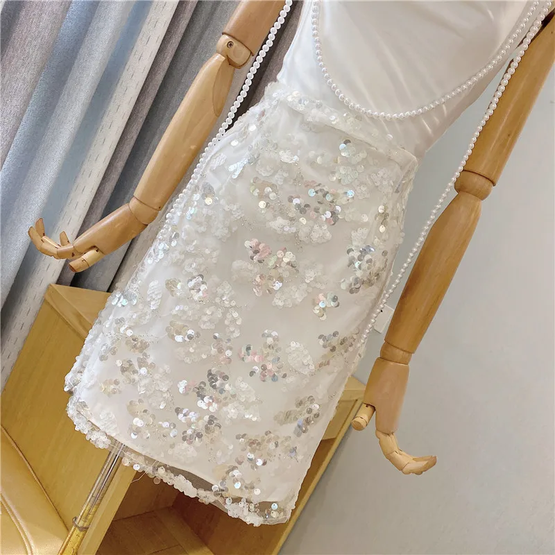 

Summer Dress New Fashion 2021 Women's Scxy Sleeveless Spaghetti Strap mesh Spliced Pearls Beading white Elegant Mini Dress