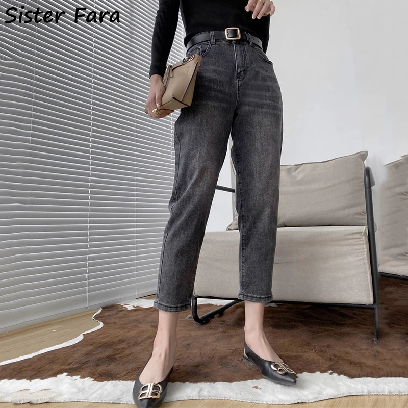 Sister Fara Autumn Winter Slim Leather Label Denim Jeans Pants Women High Waist Ankle-Length Jeans Ladies Pencil Jeans Trousers