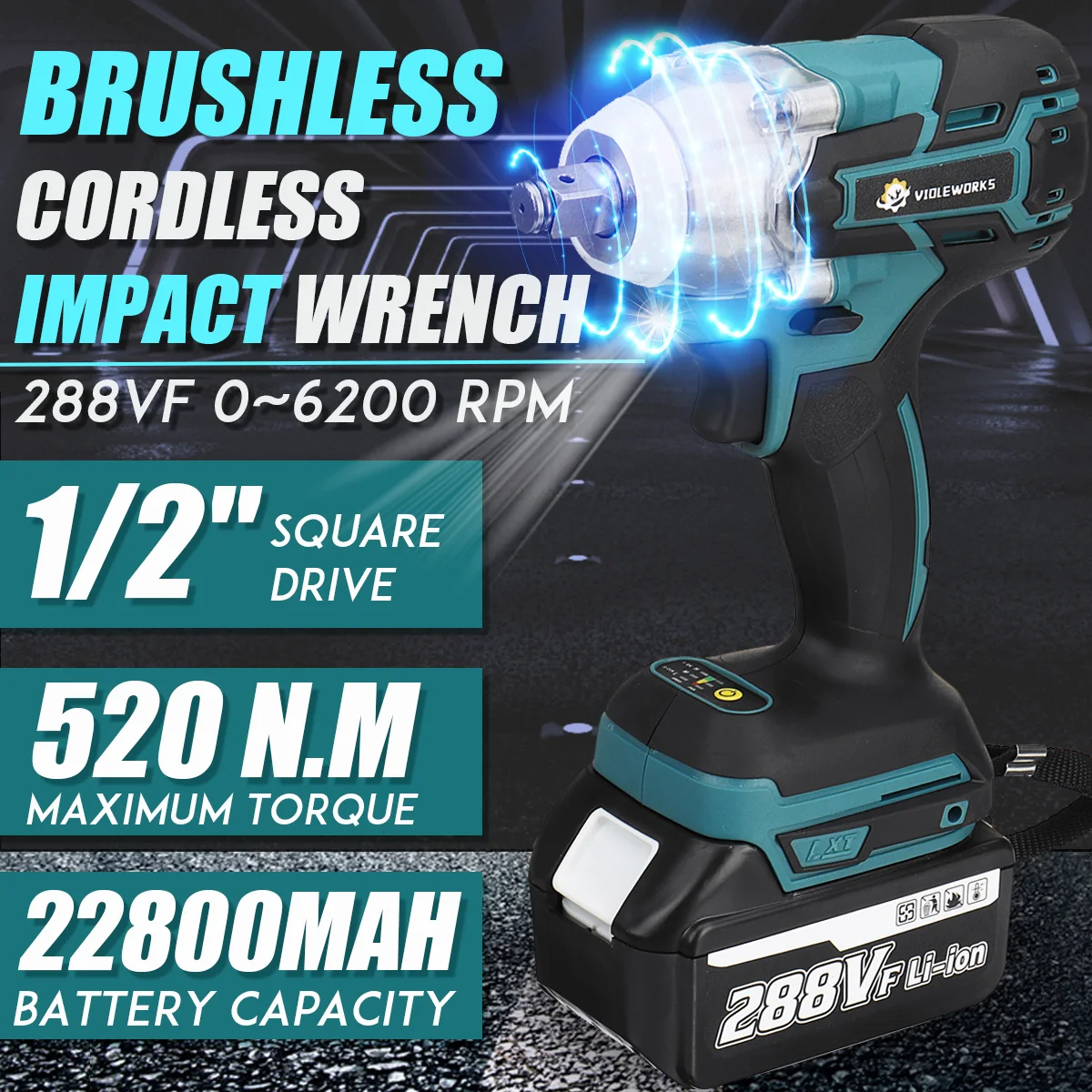 

NEW 22800mAh 288VF Brushless Electric Impact Wrench 1/2 Lithium-Ion Battery 6200rpm 520 N.M Torque 110-240V