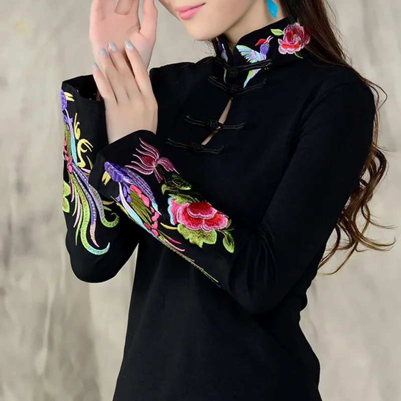 Новинка Осень 2019 рубашка в китайском стиле футболка с вышивкой Женская