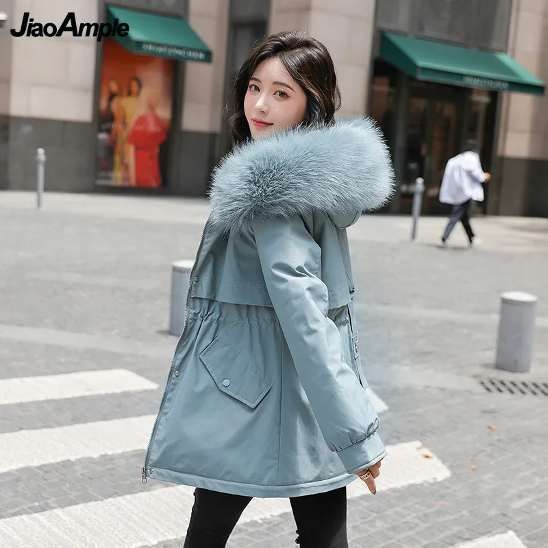 Winter Warm Fleece Thick Down Jacket Women 2021 Korean Lady Graceful Fur Collar Hooded Zipper Shirring Coats Solid Parka Outwear