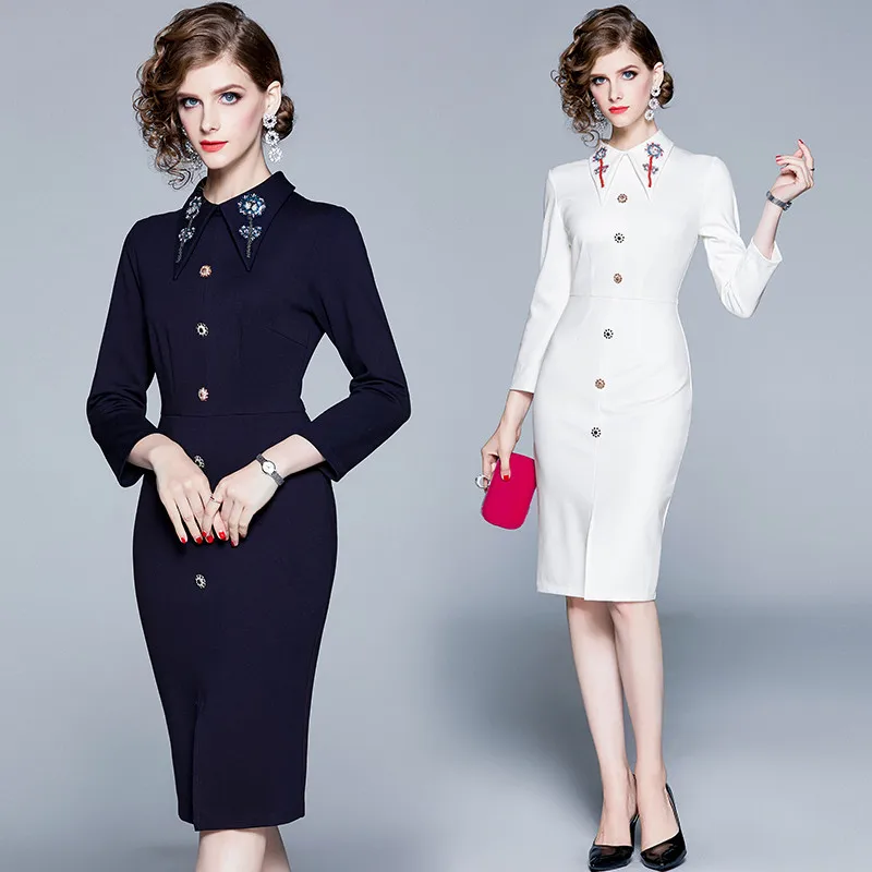 

Elegant Lady Designer Office Pencil Dress Autumn Winter Fashion Beading Collar Full Sleeve Solid Knee Length Party Vestidos