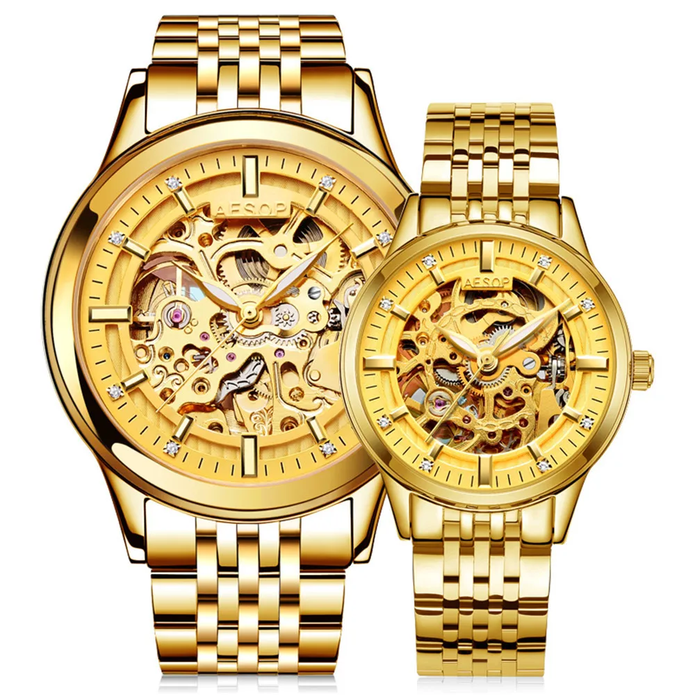 Reloj Hombre AESOP Gloden Скелет механические часы для влюбленных автоматические мужские и