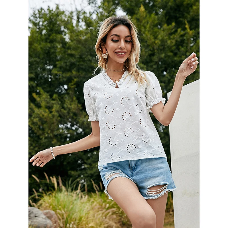 Женская блузка с цветочной вышивкой летняя кружевная вязаная крючком Туника