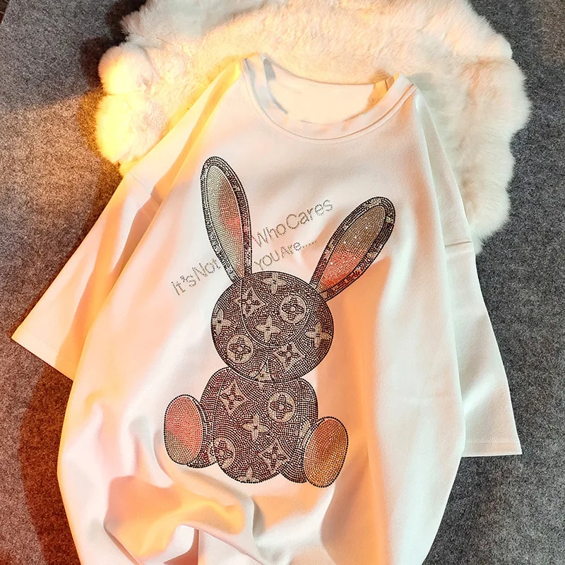 

Korean heavy industry cartoon rabbit hot drill large edition short sleeve T-shirt spring and autumn loose bottomed shirt women's