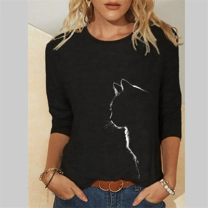 

Women Clothes Spring Autumn Casual Pullovers Women's Clothing Funny Cute Cat 3D Print Long Sleeve T-Shirts Ladies Fashion Tops