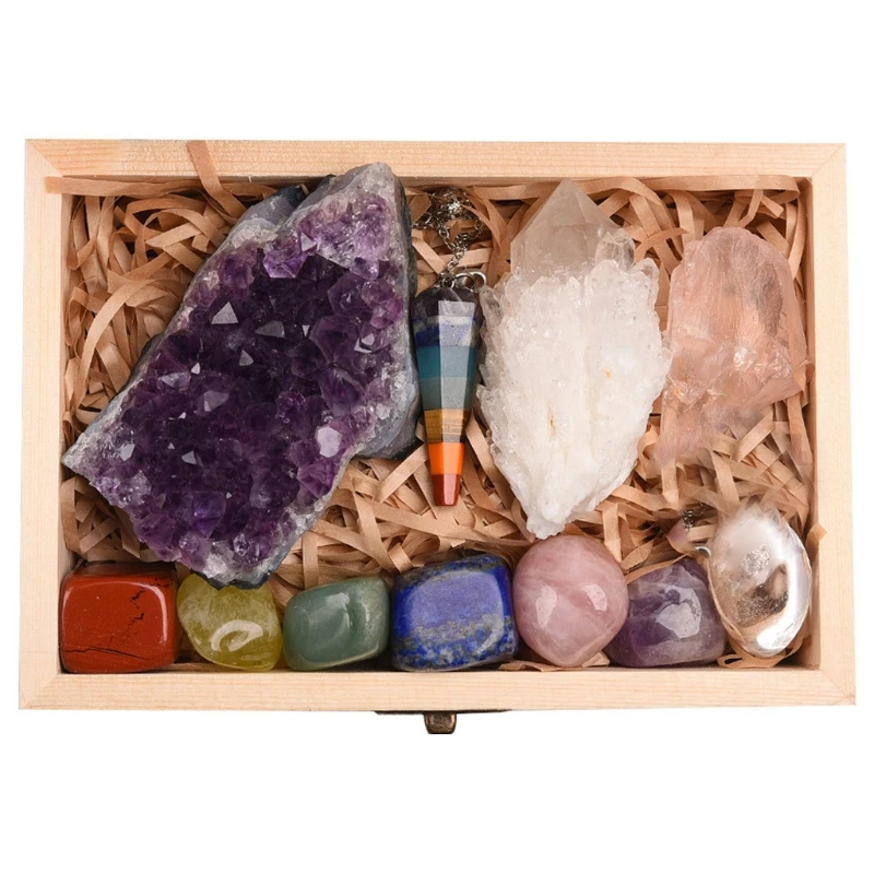 

11Pcs Crystals and Healing Stones Kit With Wood Box 7 Raw Chakra Pendulum Stones