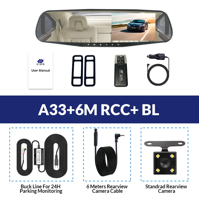E-ACE Full HD 1080 P Автомобильный видеорегистратор Камера Авто 4.3 дюймов Зеркало заднего вида цифрового видео Регистраторы объектив registrat видеокамера - Название цвета: A33-6M RCC-BL