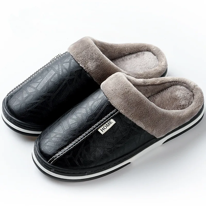 

Men Slippers Indoor Leather Winter Waterproof Warm Home Fur Women Slipper Male Couple Platform Shoes Fluffy Big Sizes