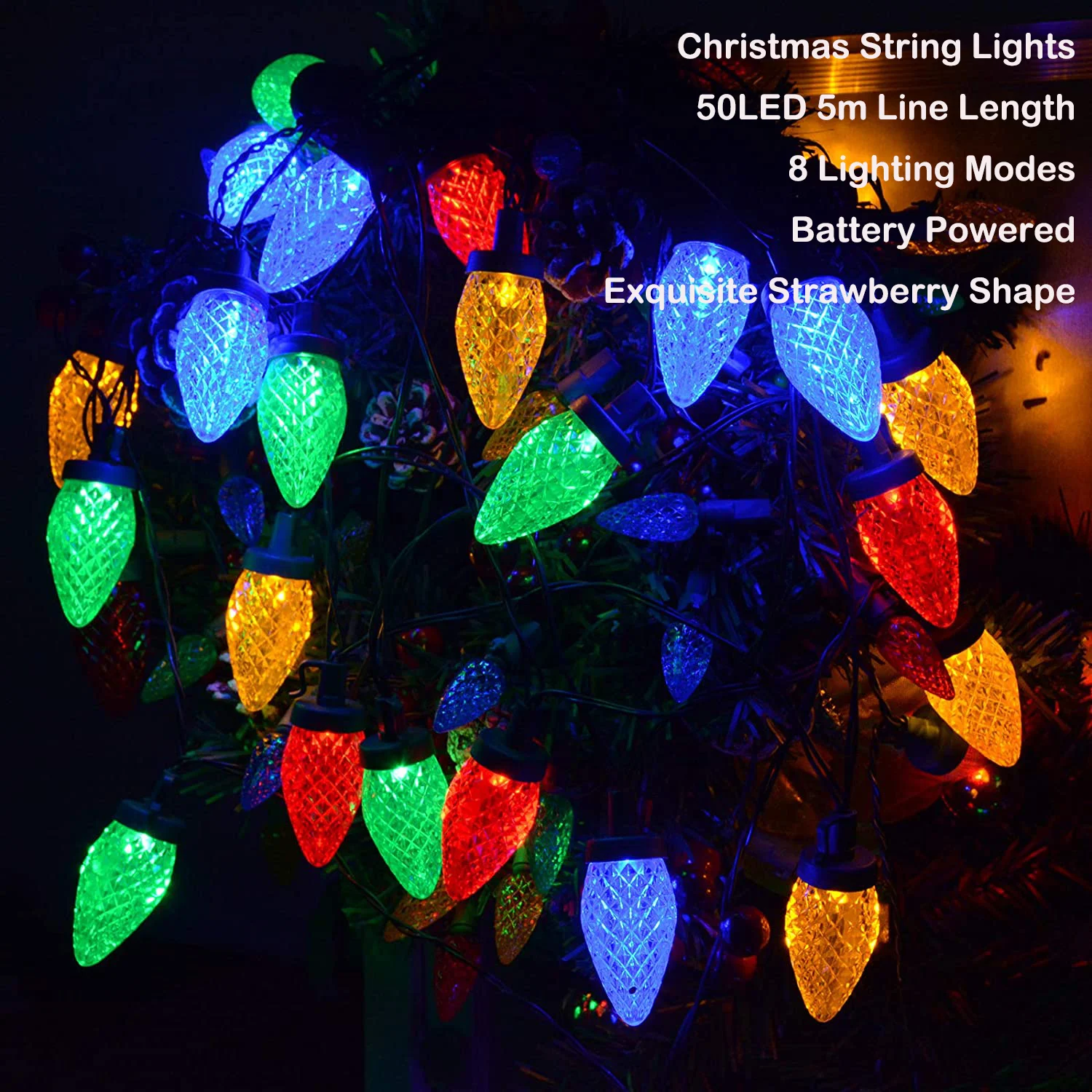 

Christmas String Lights,5m 50LED Strawberry Lamp Battery Operated Lamps Garden Light for Roof Party Holiday New Year Decoration