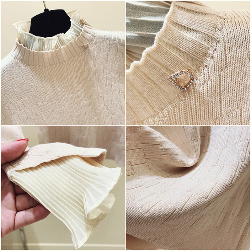 

2019 Spring Autumn Knitted Sweater Women's Clothing Half-Necked Pullover Long Sleeve Lace Stitching Cotton Sweater Shirt A709