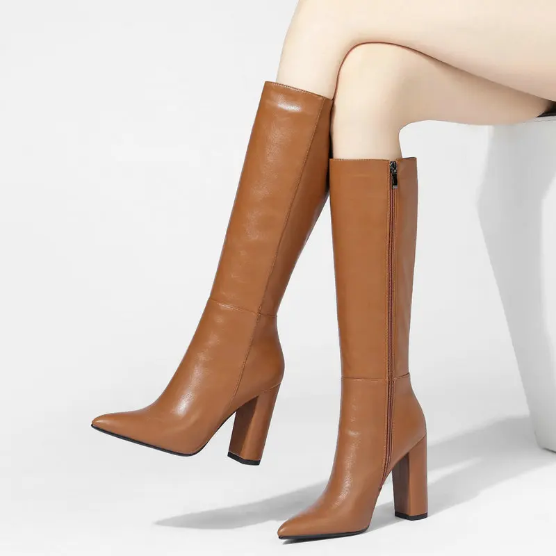 

Женские сапоги до колена на толстом каблуке, с острым носком, на молнии, из искусственной кожи