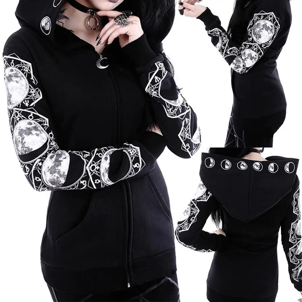 

Women Fashion Moon Print Zipper Pocket Coat Long Sleeve Hooded Loose-fitting Punk Street Hipster Women's Sweatshirt Top