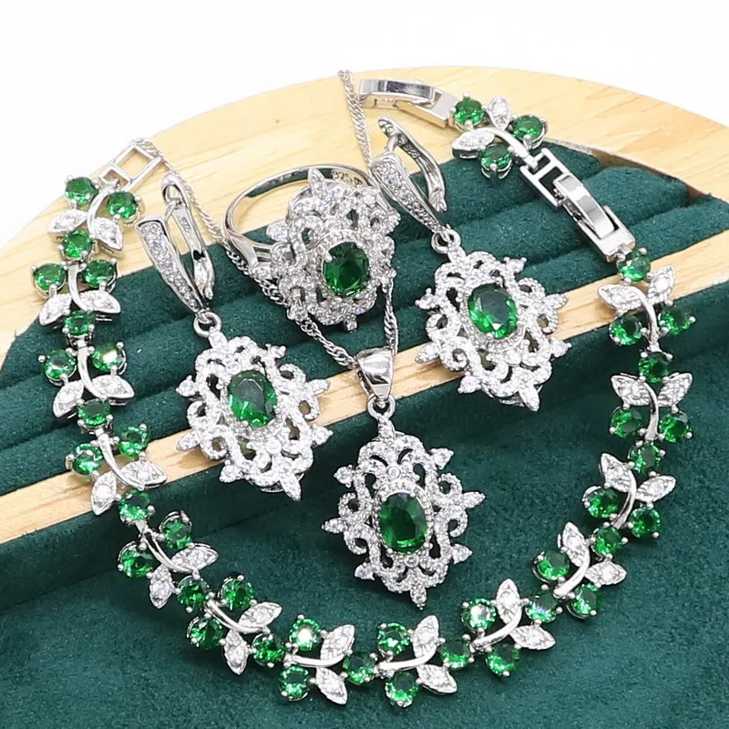 Conjunto de joyas de plata de ley 925 para mujer, aretes, pulsera, collar, anillo, regalo de cumpleaños, Esmeralda verde