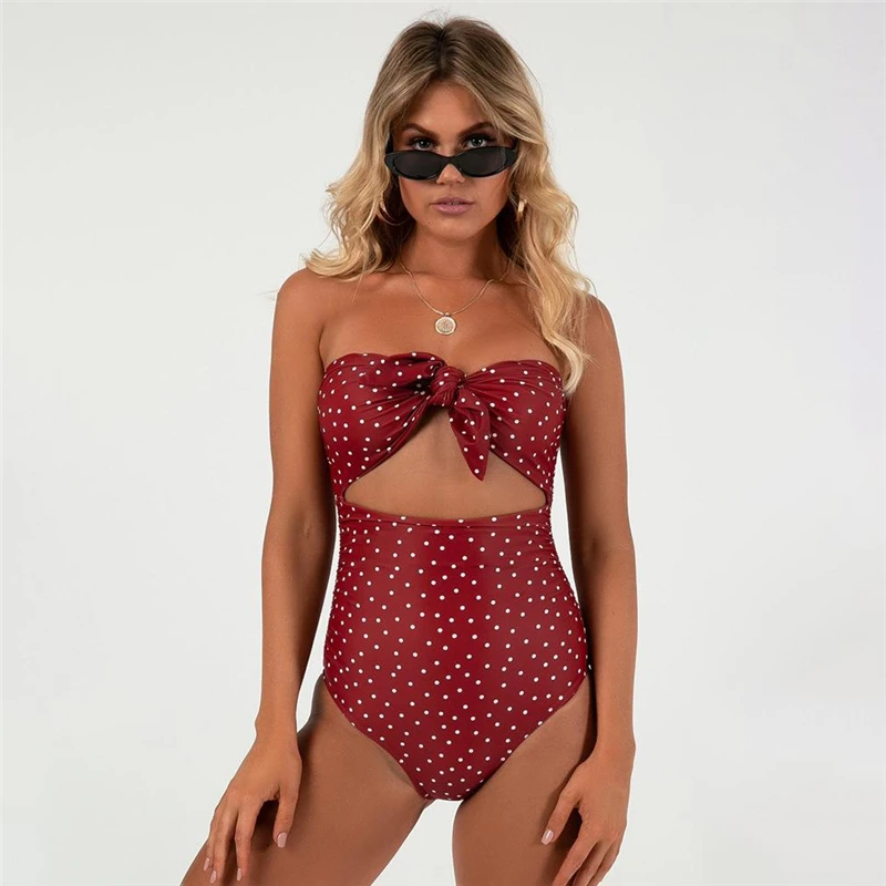 

Sexy 2020 Women Bikini Retro Dot High Waist Swimwear One Piece Beach Swimsuit Female Front Tie Bathing Suit MD0064