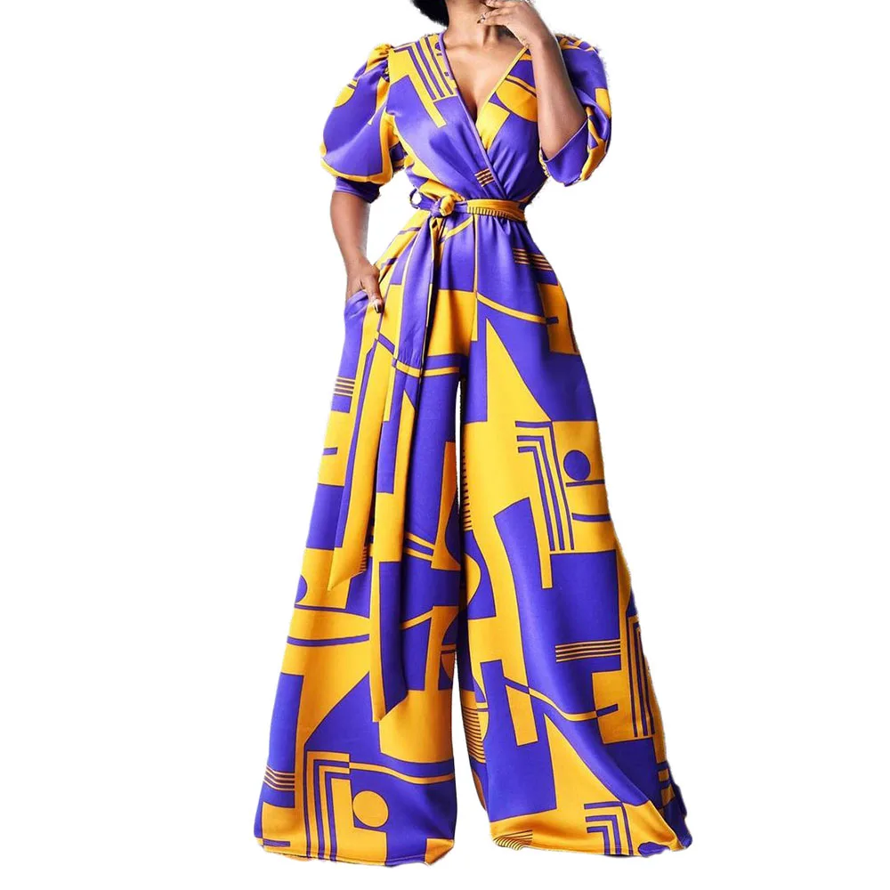 

Europe America Women's Jumpsuit 2021 Summer New High Waist Bandage Printing V-neck African Oversize Puff Sleeve Wide Leg Pants