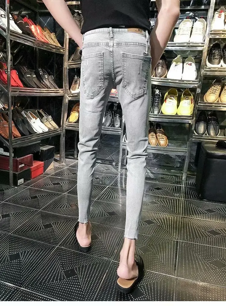 

Men's Jeans Summer fashion Asual washing grey Cropped Pants ripped Hole Trendy Slim Skinny jeans men Social Guy pencil pants