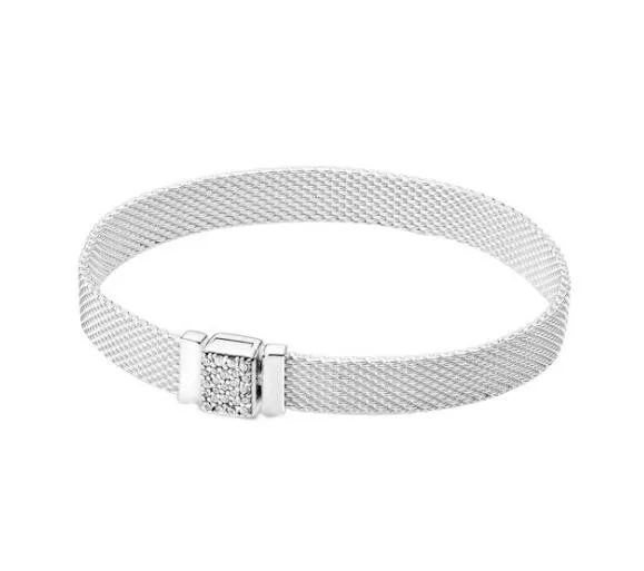 

925 Sterling Silver Bracelet Reflexions Pave Clasp Mesh Bracelet Bangle Fit Women Bead Charm Diy pandora Jewelry