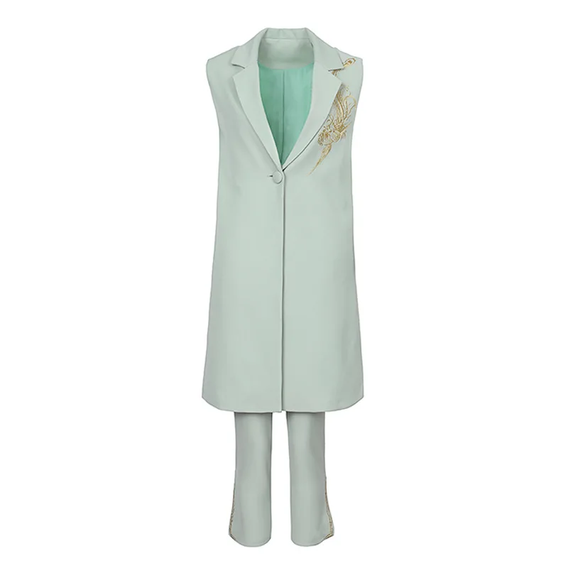 

Clothing Top Quality Sets 2021 Autumn Winter Long Coat Suit Woman Luxurious Embroidery Vest Jackets+Skinny Pants & Capris Sets