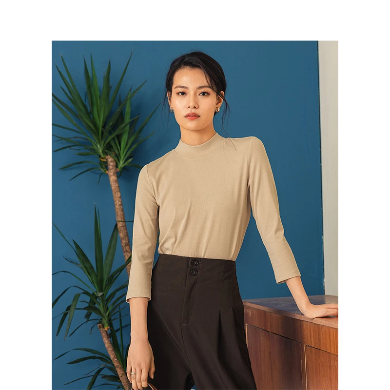 Женская Базовая футболка INMAN Однотонная с круглым вырезом и рукавом 3/4 весна 2019 |