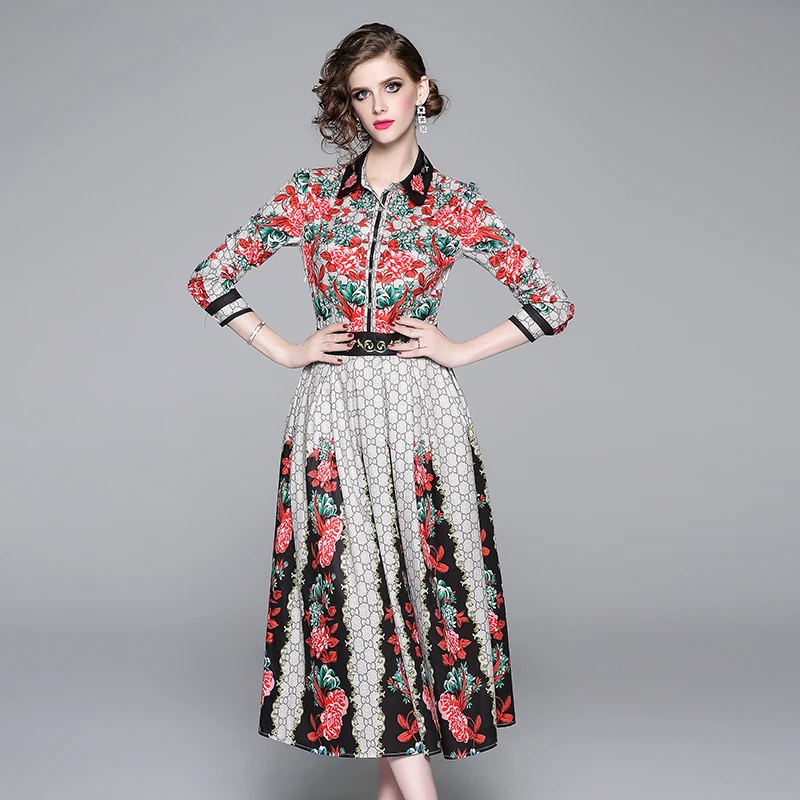 

Elegant Runway Summer Dress 2020 Autumn Fashion C Letters Shirt Dresses Women Red Flower Stripe Pleated Long Sleeve Dress Ladies