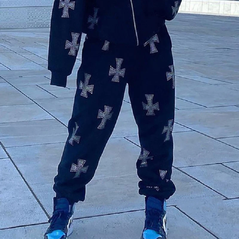 

Street Punk Gothic Rhinestone Pants Cross Print Solid Color Y2K Warm Straight Wide Leg Overalls Harajuku Casual Pants Slim Fit