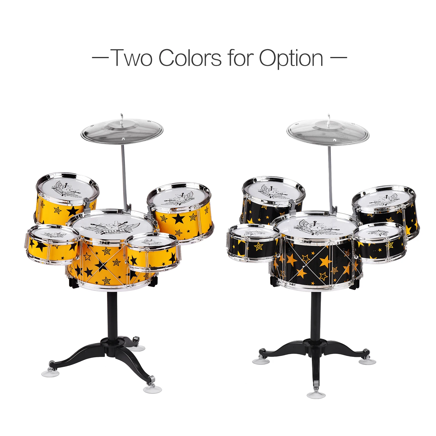 

Kids Children Jazz Drum Set 5PCS Drums with Cymbal Drumsticks Adjustable Stool with Music Ligthing Vibration Electronic Effects
