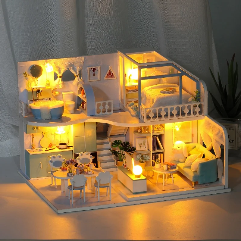 

DIY 3D Wooden Doll House Miniature Dollhouses Set Furniture Kit with LED Toys for Children Gift