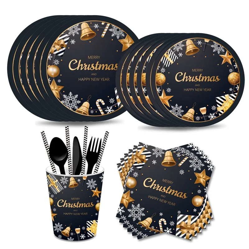 PATIMATE Black Gold Tableware Christmas Tableware Merry Christmas Decoration For Home Table Happy New Year Decor Navidad