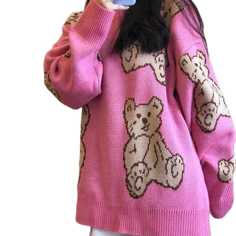 

Korean Fashion Cartoon Bear Pink Sweater Women Y2K Clothes Top Spring' 2020 Harajuku Oversized Loose Jumper Knitted Sweaters