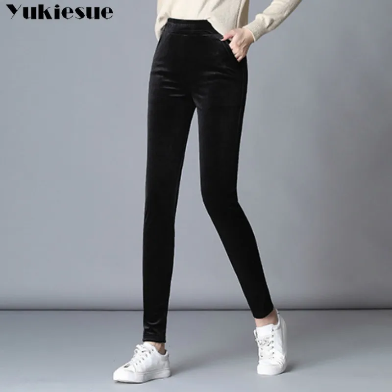 Женские бархатные облегающие брюки-карандаш с высокой талией | Женская одежда