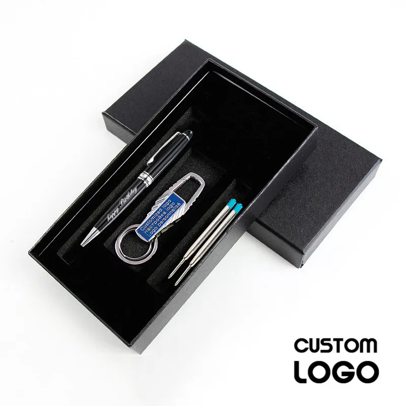 

1set Customized Logo Business Metal Ballpoint Pens Black Gift Box Rotating Ballpoint Pens With Key Chain Refill Engrave Names